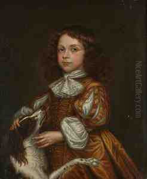 Portrait Of A Young Boy, 
Three-quarter-length, In Gold Costume And A White Lace Jabot, Petting A 
Spaniel Oil Painting by John Hayls