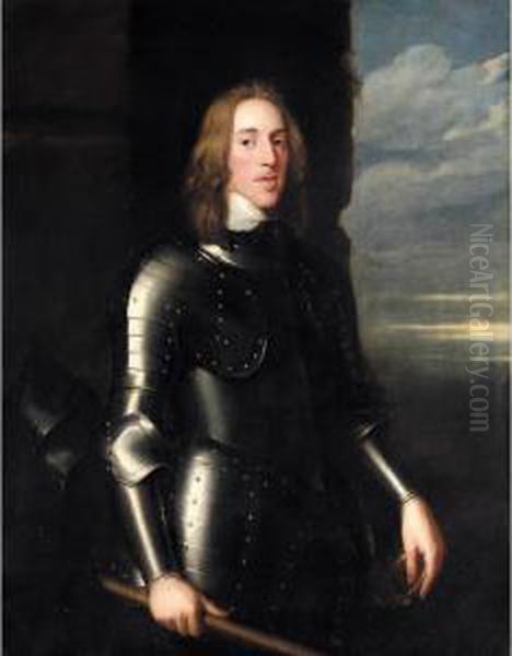 Portrait Of Sir Richard Ingleby,
 Three-quarter Length Standing, Wearing Armour, His Helmet Beside Him, A
 Baton In His Hand Oil Painting by John Hayls
