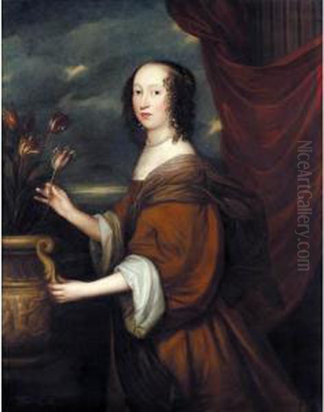 Portrait Of Lady Ingleby, 
Three-quarter Length, Standing Beside An Urn Of Tulips, Wearing A Brown 
Dress And A Pearl Necklace Oil Painting by John Hayls