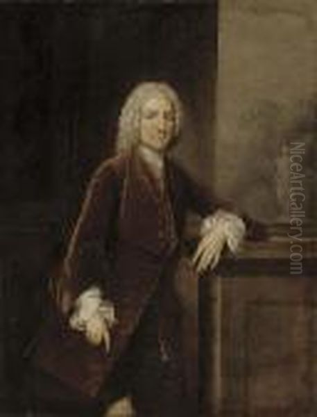 Portrait Of Thomas 
Pelham-holles, 1st Duke Of Newcastle (1693-1768), Standing, 
Three-quarter-length, In A Brown Velvet Coat, Leaning On A Plinth, A 
Garden With A Classical Statue Beyond Oil Painting by Francis Hayman