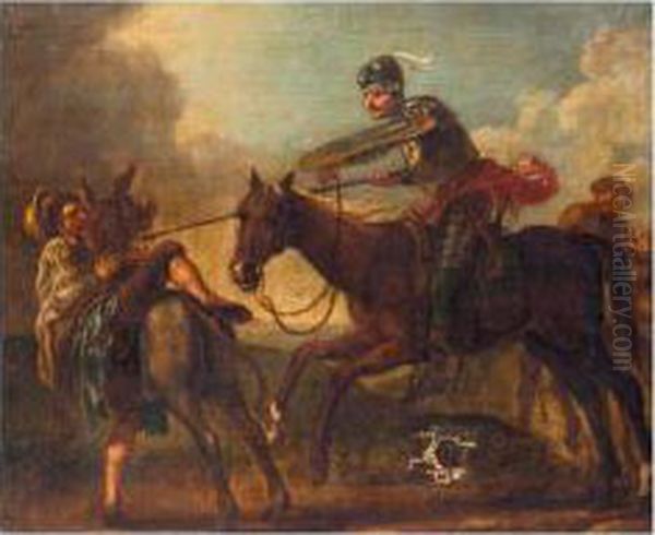 Don Quixote Attacking The Barber
 To Capture The Basin; Don Quixote Disputing With The Mad Cardenio; And 
Don Quixote Tilting With The Toledo Merchant Oil Painting by Francis Hayman