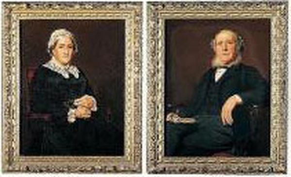 Both Three-quarter Length, 
Seated, He Wearing A Dark Grey Suit, Seated, Holding Papers, She Wearing
 A Black Dress Edged With Lace, A Matching Lace Cap, Holding Her 
Spectacles Oil Painting by John Haynes-Williams