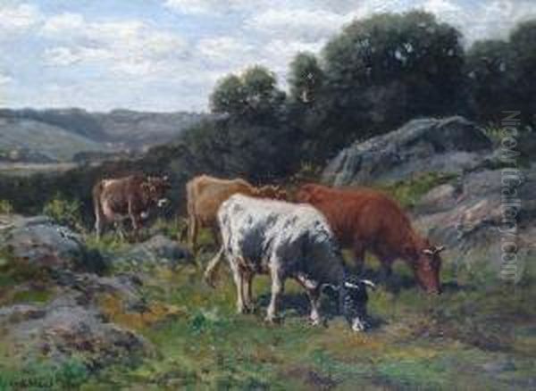 Cattle Grazing In A Rocky Landscape 'g.a.hays 1900' (lower Left) Oil Painting by George Arthur Hays