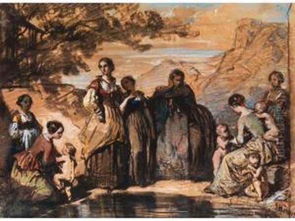 Junge Frauen Und Kinder An Einemteich Oil Painting by Ernest Hebert