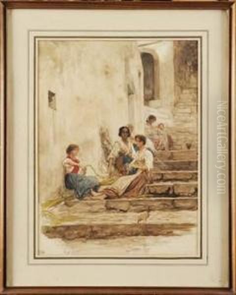 Paysannes Italiennes Tressant Des Cordages Oil Painting by Ernest Hebert