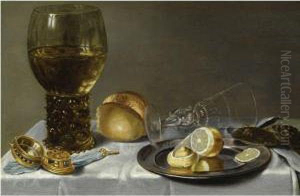 Still Life Of A Roemer, A Facon 
De Venise, A Partly Peeled Lemonon A Pewter Plate, Two Oysters, A Bread 
Roll And A Pocket-watch,all Arranged On A Draped Table Oil Painting by Willem Claesz. Heda