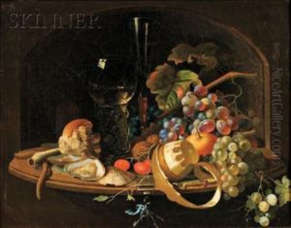 Still Life With Romer, 
Fruit, 
And Oysterson A Ledge Oil Painting by Willem Claesz. Heda
