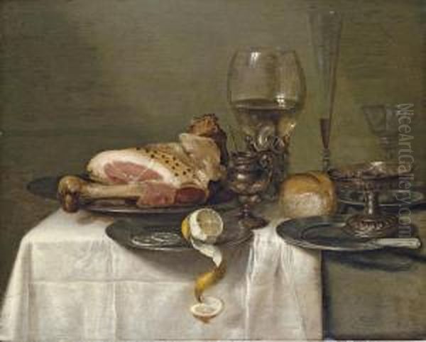 A Ham On A Pewter Plate, A 
Partly-peeled Lemon, A Roemer, A Glass Flute, A Wine Glass, A Bowl Of 
Olives, A Silver-gilt Tazza, A Bread Roll, A Knife On A Pewter Plate And
 A Mustard Pot On A Partly-draped Table Oil Painting by Willem Claesz. Heda