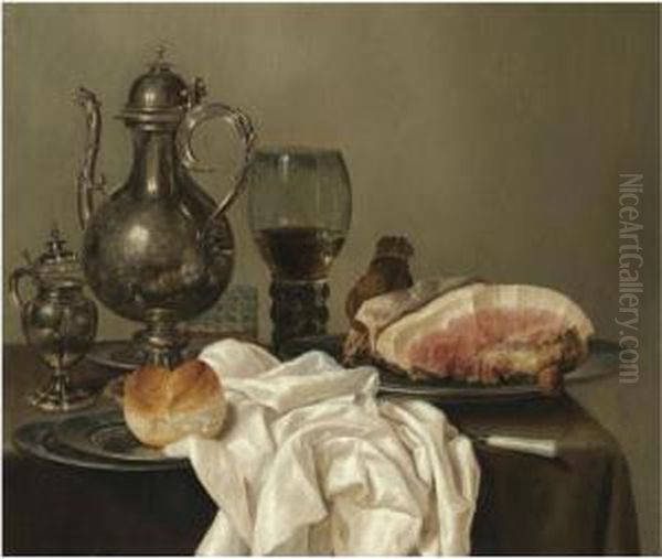 A Still Life With A Silver 
Tazza, A Silver Pot, A Roemer With Whitewine, A Glass With Beer, Four 
Pewter Plates With A Bread Roll And Ashoulder Of Ham, All On A Green 
Table Cloth Oil Painting by Willem Claesz. Heda