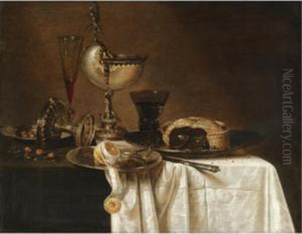 Still Life With An Overturned 
Tazza, A Tall Wine Glass, An Open Pie On A Pewter Plate, A Partly Peeled
 Lemon And A Nautilus Cup All Arranged On A Partly Draped Table Oil Painting by Willem Claesz. Heda