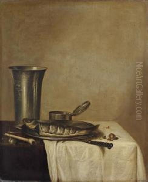 A Herring On A Pewter Platter, 
An Engraved Silver Tumbler, And A Pipe On A Partly-draped Table Oil Painting by Willem Claesz. Heda