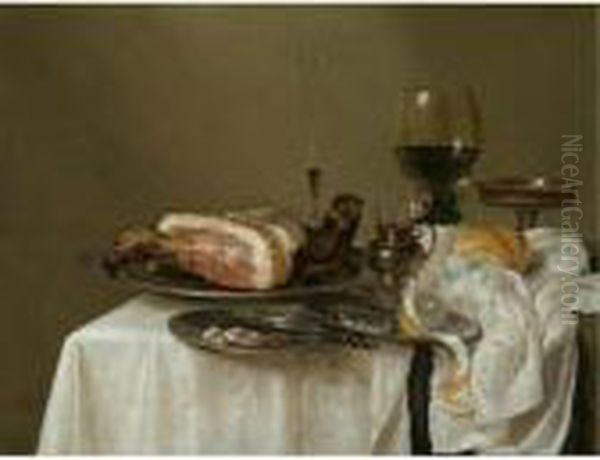 A Still Life With A Roemer, A 
Silver Tazza, A Fluted Wine-glass, A Mustard Jar, A Ham And A Partly 
Peeled Lemon On Pewter Dishes And A Bread Roll, All Arranged On A 
Table-top Draped In White Oil Painting by Willem Claesz. Heda
