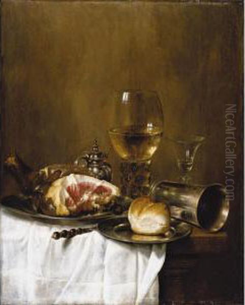 A Still Life Of A Roemer Filled 
With White Wine, A Wine-glass, A Silver Beaker On Its Side, A Ham And A 
Bread-roll On Pewter Plates, All Arranged On A Wooden Table Partly 
Draped With A White Cloth Oil Painting by Willem Claesz. Heda
