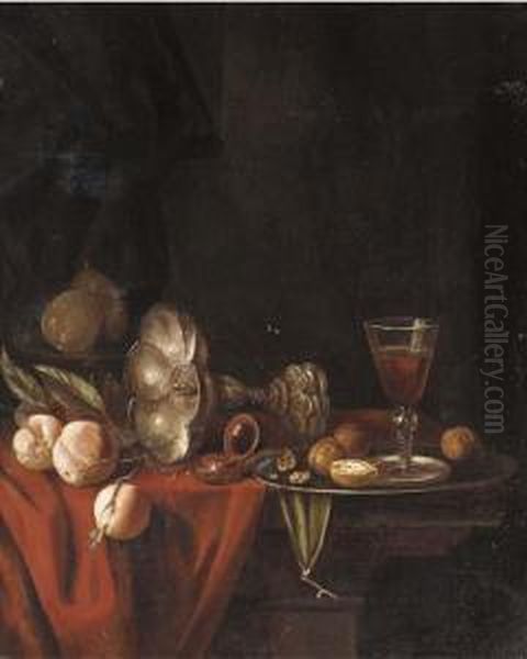 A Silver Goblet, A Roemer Of 
Wine, Walnuts, Peaches, Pears And Acompass On A Partly Draped Table Oil Painting by Willem Claesz. Heda