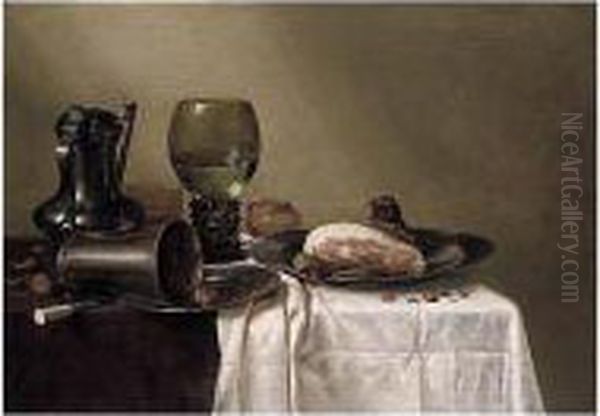 A Still Life Of A Pewter Kanne, A
 Roemer, An Overturned Silver Beaker Resting On A Pewter Plate And A Ham
 Upon Another Pewter Plate, All Upon A Table Covered In A Brown Cloth 
And Partly Draped With A White Cloth Oil Painting by Willem Claesz. Heda