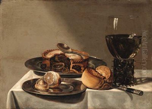 A Roemer, A Pie With A Spoon And
 A Peeled Lemon On Pewter Plates, Abreadroll And A Knife On A Draped 
Table Oil Painting by Willem Claesz. Heda