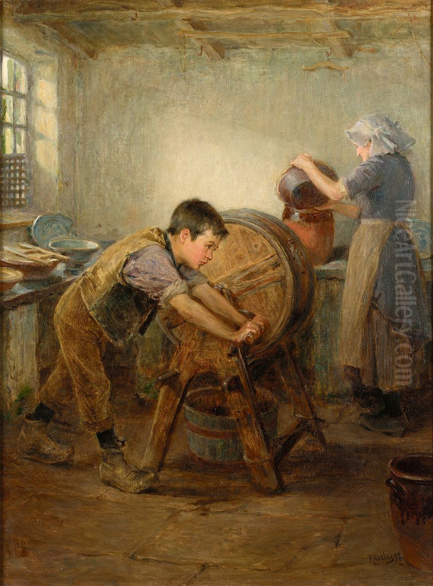 The Butter Churn Oil Painting by Ralph Hedley