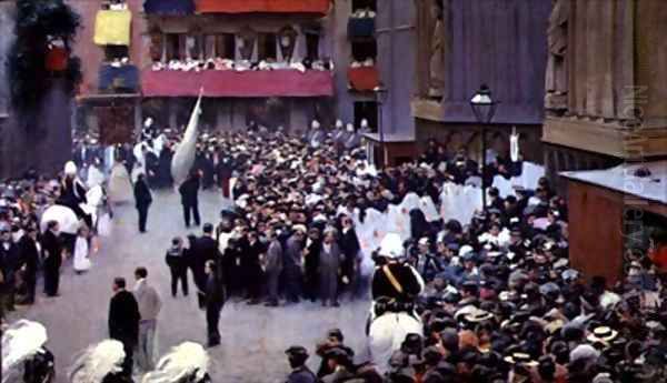 Corpus Christi procession leaving the Church of Santa Maria del Mar Oil Painting by Ramon Casas