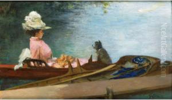 Le Depart Pour La Promenade 
[ferdiand Heilbuth, Young Woman In A Boat With Her Dog, Oil On Panel, 
Signed.] Oil Painting by Ferdinand Heilbuth