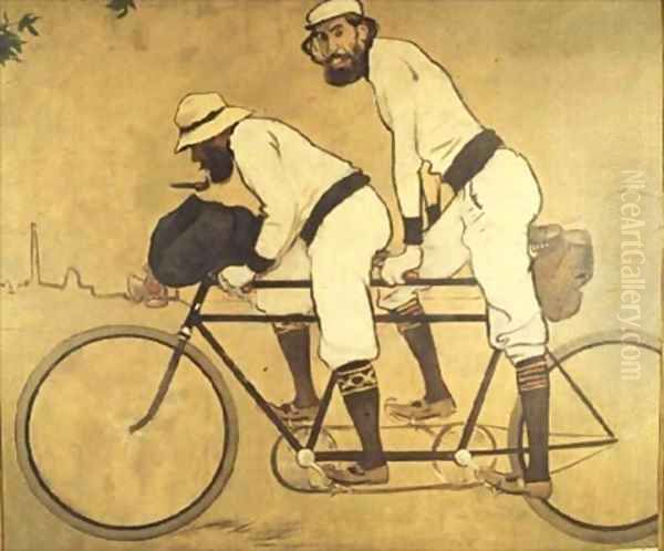 Self Portrait of Casas with Pere Romeu on a Tandem Oil Painting by Ramon Casas
