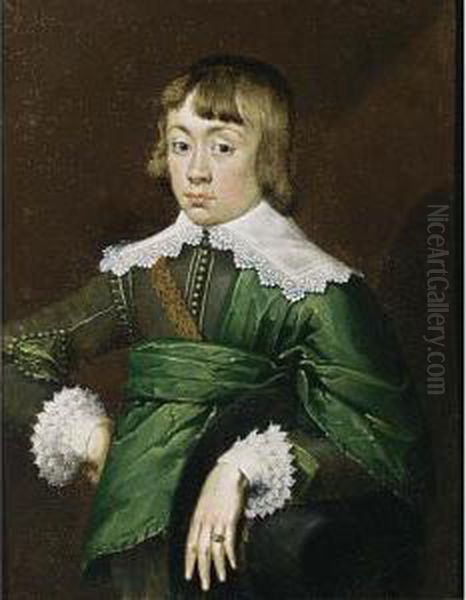 A Portrait Of A Young Gentleman,
 Said To Be Georg Philipp, Freiherr Von Meisselen, Standing Half Length,
 Wearing A Grey-green Coat With A Green Sash, White Lace Collar And 
Cuffs Oil Painting by Wolfgang Heimbach