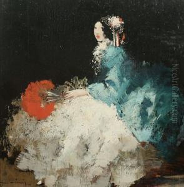 Balldame Mit Rotem Facher Oil Painting by Walter Heimig