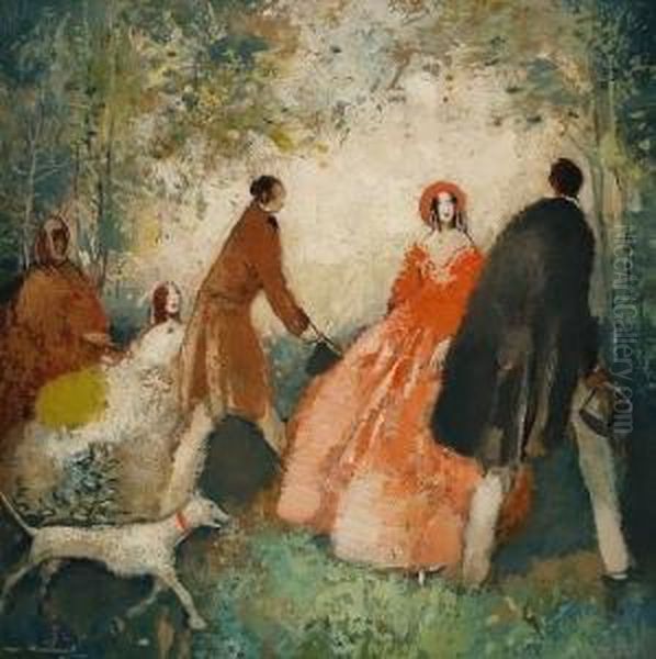 Elegante Gesellschaft Mit Hund Im Park. Oil Painting by Walter Heimig