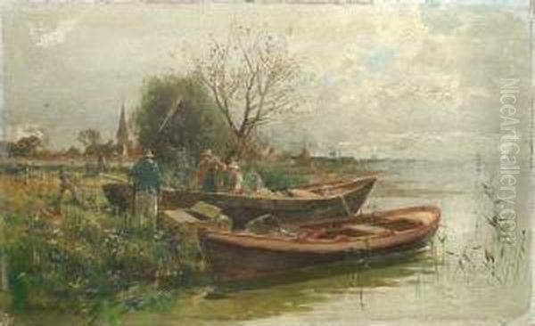 Fishermen At Lake Constance. 
Oil/panel, Signed, Inscribed And Dated, Verso Old Label With Inscription Oil Painting by Karl Adam Heinisch