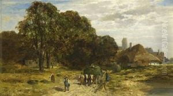 Bauern Mit Heufuhrwerk Vor Dem
 Dorf. Oil Painting by Karl Adam Heinisch