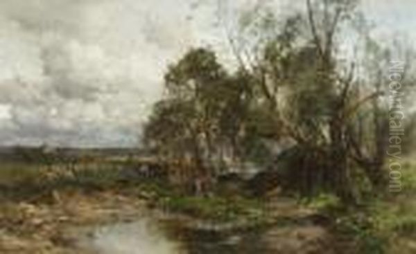 Schafhirte Mit Magd Und Herde Am
 Teich. Oil Painting by Karl Adam Heinisch