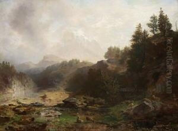 Schafe Bei Der Almhutte Am
 Gebirgssee. Oil Painting by Heinrich Heinlein