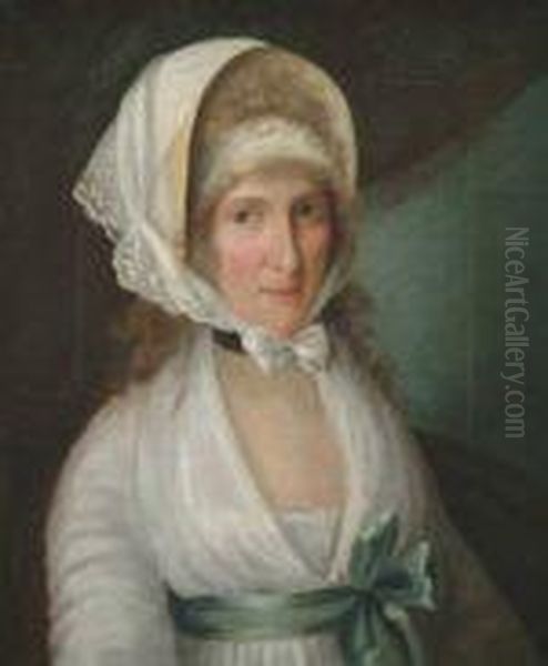 Ortrait Of A Lady, Bust Length, 
Wearing A White Dress With A Greensash, Thought To Be Mrs James Beevor Oil Painting by John Theodore Sen Heins