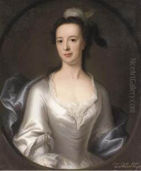 Portrait Of Lucy, Lady Gage, 
Daughter Of William Knight,half-length, In An Oyster Satin Dress And 
Blue Wrap, With Afeathered Headdress, Feigned Oval Oil Painting by John Theodore Sen Heins