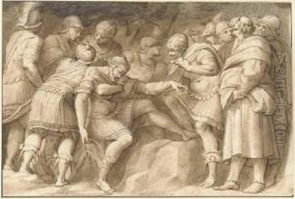 The Wounded Scipio The Elder 
Carried By His Soldiers, Afterpolidoro Da Caravaggio (recto); A Nude 
Reclining And A Horse(verso) Oil Painting by Joseph Heinz I