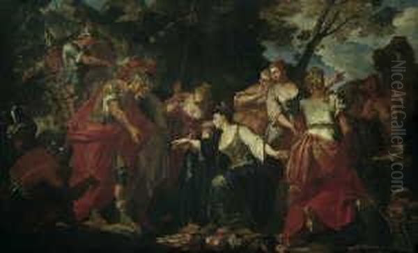 Joseph D.a. , Zugeschrieben 
Abigail Vor Konig David . Ol Auf Leinwand. H 173; B 280 Cm. Provenienz: 
Privatsammlung, Schweiz. Das Aus Baseler Privatbesitz, Also Aus Der 
Stadt, In Der Joseph Heintz Oil Painting by Joseph Heinz I