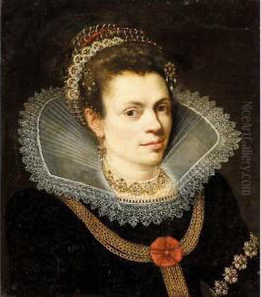 A Portrait Of A Lady, Head And 
Shoulders, Wearing A Black Dress, A White Ruff, A Pearl Necklace And A 
Diadem In Her Hair Oil Painting by Joseph Heinz I