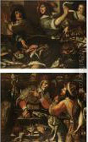 A Larder Still Life With Fish 
And Shellfish, Two Young Men Arguing Watched By A Girl Behind Oil Painting by Joseph Heinz