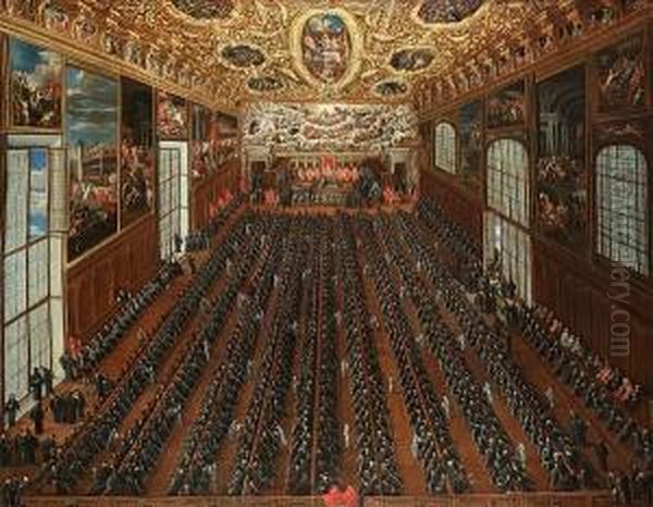 The Interior Of The Sala Maggior
 Consiglio, The Doge's Palace, Venice, With Patricians Voting On A 
Bulletin For The Election Of New Magistrates Oil Painting by Joseph Heinz