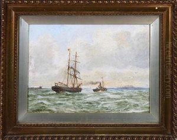 Sailing Ship Being Towed Clear Of A River Mouth Oil Painting by Bernard Benedict Hemy
