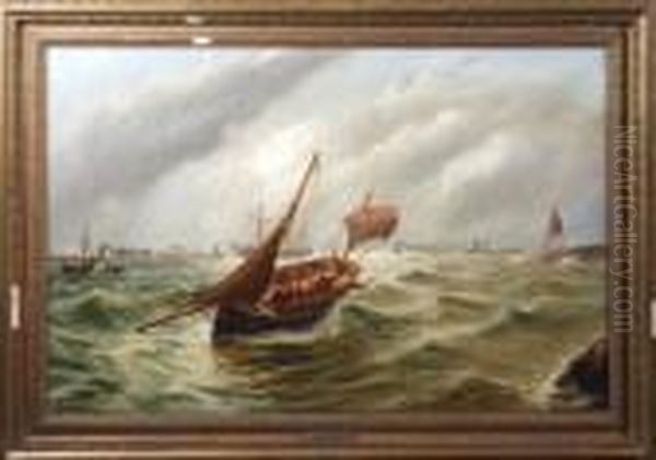 A Sailing Trawler Entering The 
Port Of Tyne With The Groyne Lighthouse And Other Shipping In The 
Background Oil Painting by Bernard Benedict Hemy