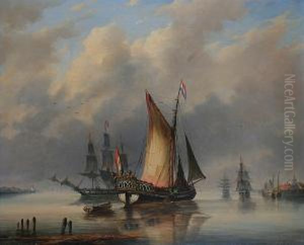 Dutch Shipping In A Calm Oil Painting by Gerardus Hendriks
