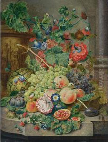 A Still Life With Grapes, 
Peaches, Prunes, A Melon, A Pomegranate, Raspberries, Together With 
Morning Glory, An Opium Poppy, Hollyhocks And A Rose, All On A Marble 
Ledge Together With A Butterfly, A Fly And Ants, A Terracotta Vase 
Displaying A Cla Oil Painting by Wijbrand Hendriks