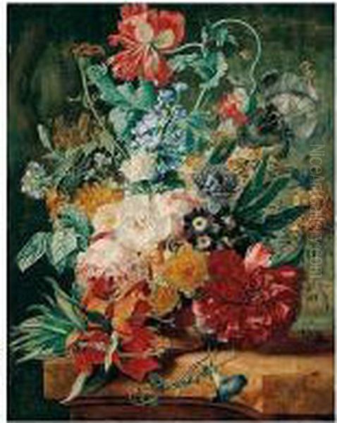 A Still Life Of Spring Flowers 
Including Roses, Tulips, Narcissi, Peonies, Carnations, Gentians, 
Fritillaries, Daffodils, Irises, Bluebells And Morning Glory, In A 
Carved Stone Urn Upon A Marble Ledge In A Garden Setting Oil Painting by Wijbrand Hendriks