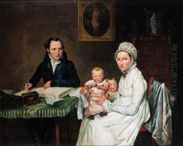 A Family Portrait: A Gentleman 
Writing In A Book, His Wife Withtheir Two Children Seated Next To Him, 
In An Interior Oil Painting by Wijbrand Hendriks