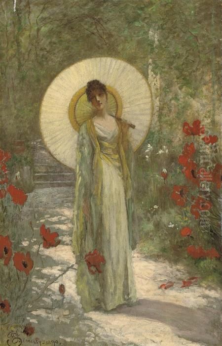 A Young Girl With A Parasol In A Summer Garden Oil Painting by William John Hennessy