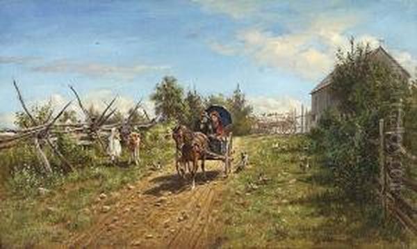 Horse-drawn Carriage With Man In
 A Hat And Woman In A Bonnet, With Chicken And Dogs On One Side Of The 
Path And A Girl And Calf On The Other. Oil Painting by Edward Lamson Henry