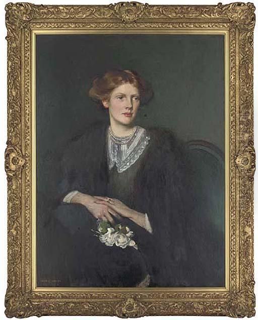 Portrait Of Audrey Innes, Nee 
Broadwood, Wife Of John Alfred Innes,seated Three-quarter-length, In A 
Lace Trimmed Dress And Furwrap Oil Painting by George Henry