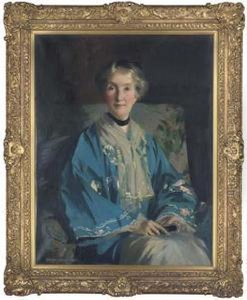 Portrait Of Mrs Agnes Innes, Nee
 Barlow, Seatedthree-quarter-length, In A Blue Embroidered Kimono, 
Holding Afan Oil Painting by George Henry