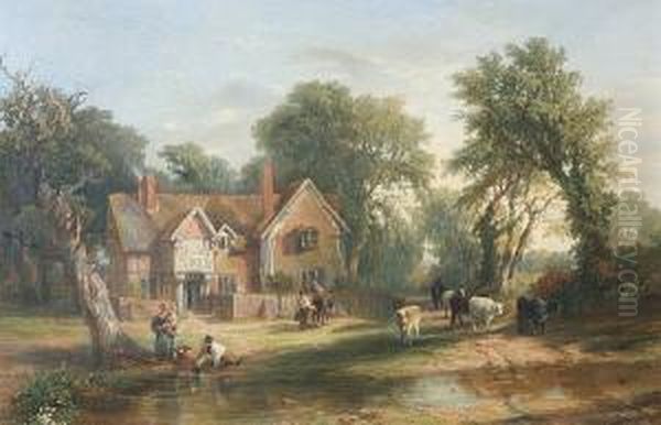 Packington, Warwickshire, 
Figures And Cattle Before A Red Brick House, A Stream To The Fore Oil Painting by Frederick Henry Henshaw