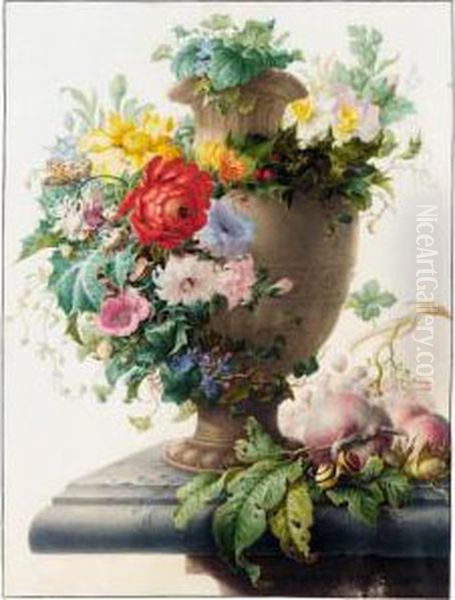 An Urn Garlanded With Flowers, 
And Peaches, Grapes, Hazelnuts And Various Insects And Snails On A Stone
 Ledge Oil Painting by Herman Henstenburgh